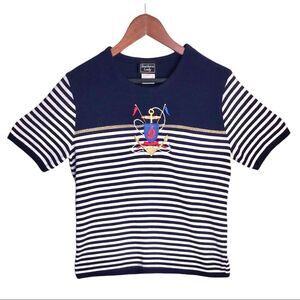 Vintage 90s Y2K Nautical Stripe Knit Tee Short Sleeve White & Blue Top